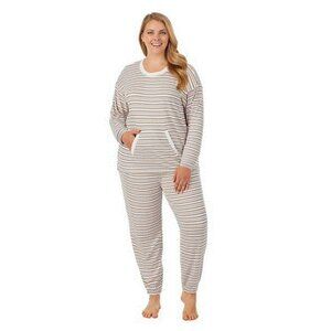 Cuddl Duds Womens Cream Gray Striped Knit Long Sleeve Pajama Sets Plus Sz 3X New